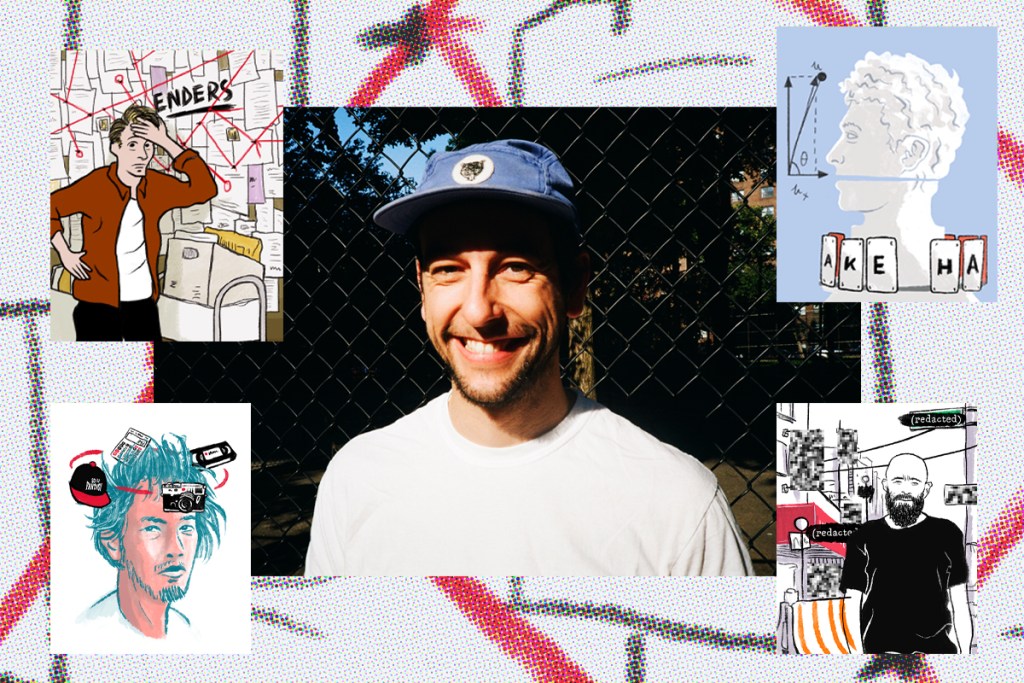 A portrait of journalist Ian Browning. He has a broad cheerful smile and is wearing a blue cap and plain white shirt, stood against a chainlink fence. The portrait is in the centre of a collage; surrounding Browning are illustrations of Mark Suciu, Jerry Hsu and Jacob Harris from his 'Rules of 'Skateboarding' interview series.
